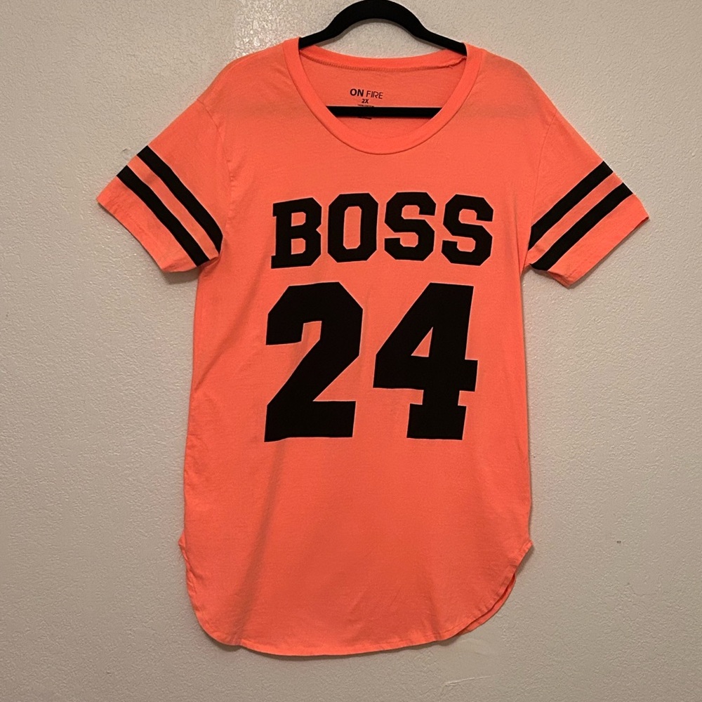 Neon Coral ON FIRE Sporty Pajama Shirt Black Logo “Boss 24”. W- 2X  (Runs Small)